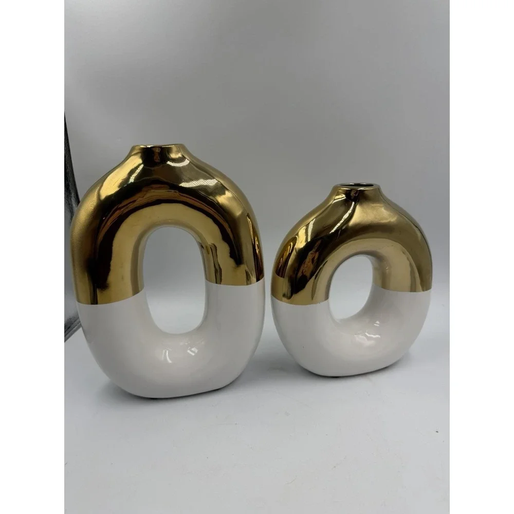 NIB White & Gold Ceramic Vase Set of 2 Round Donut Hollow Flower Vases for Home